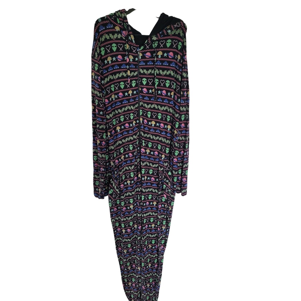 MeUndies Black Alien UFO Mushroom Heart Print Zip Hoodie Lounger Onsie L/XL #1